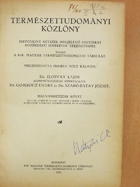 Bartucz L. - Természettudományi Közlöny 1935. (nem teljes évfolyam)/Pótfüzetek a Természettudományi Közlönyhöz [antikvár]