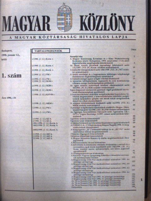 Magyar Közlöny 1998. január 12.-február 27. (nem teljes évfolyam) [antikvár]
