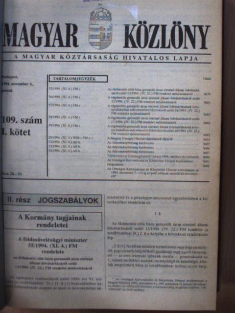 Magyar Közlöny 1994. november 4.-december 31. (nem teljes évfolyam) [antikvár]