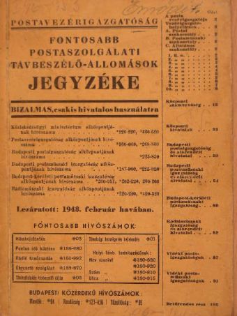 Fontosabb postaszolgálati távbeszélő-állomások jegyzéke [antikvár]