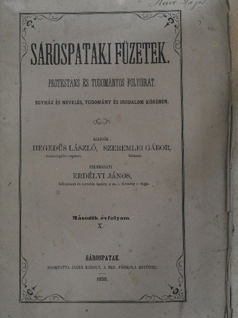 Árvai József - Sárospataki Füzetek 1859. május 20. [antikvár]