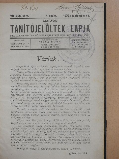 Balogh Béla - Magyar Tanítójelöltek Lapja 1932. szeptember-1933. június [antikvár]