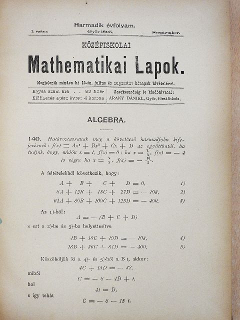 Máday János - Középiskolai mathematikai lapok 1895-1896. (nem teljes évfolyam)/1896-1897. október-junius [antikvár]