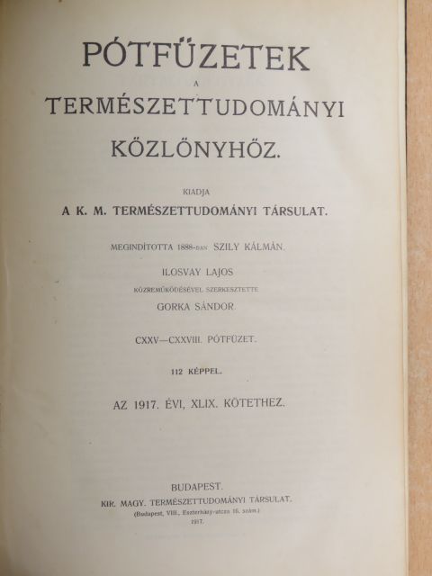 Bodócs István - Pótfüzetek a Természettudományi Közlönyhöz 1917/1-4. [antikvár]