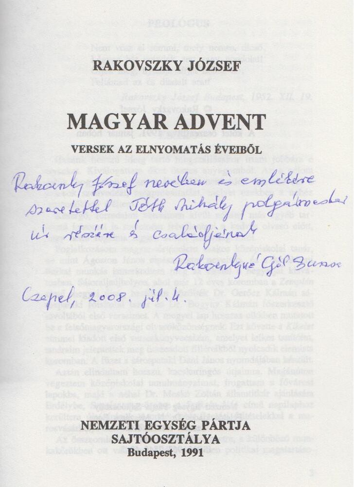 Rakovszky József - Magyar Advent (dedikált) [antikvár]