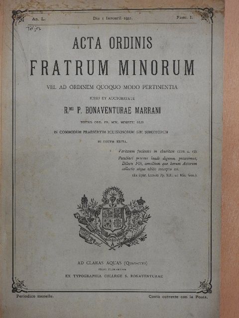 Acta Ordinis Fratrum Minorum Ianuarii-Decembris 1931 [antikvár]