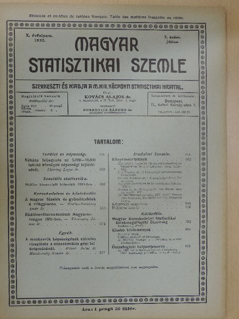 Bálint Antal - Magyar Statisztikai Szemle 1932. július [antikvár]