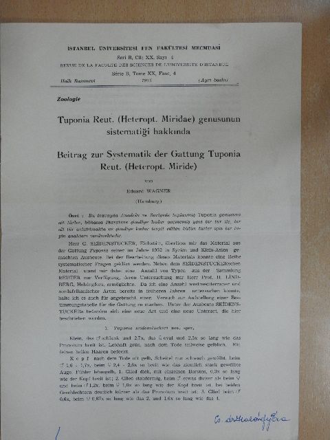 Eduard Wagner - Tuponia Reut. (Heteropt. Miridae) genusunun sistematigi hakkinda [antikvár]