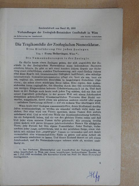 Franz Heikertinger - Die Tragikomödie der Zoologischen Nomenklatur [antikvár]