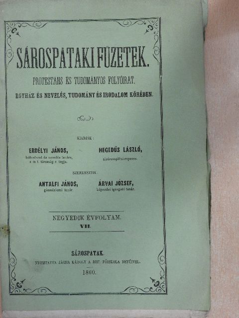 Barna József - Sárospataki Füzetek 1860. augusztus 15. [antikvár]