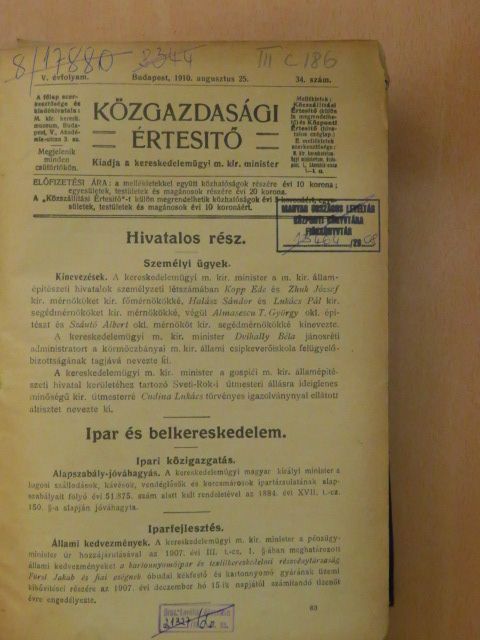 Barabás Tibor - Közgazdasági Értesítő 1910. (nem teljes évfolyam) [antikvár]
