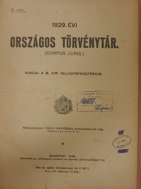 1929. évi Országos Törvénytár január-december [antikvár]
