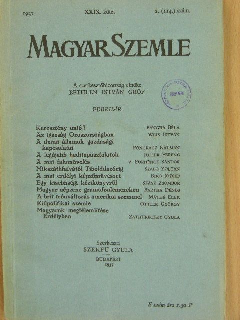 Bangha Béla - Magyar Szemle 1937. február [antikvár]