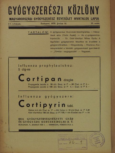 Dr. Diód-Várallyai Miksa Gyula - Gyógyszerészi Közlöny 1939. június 10. [antikvár]