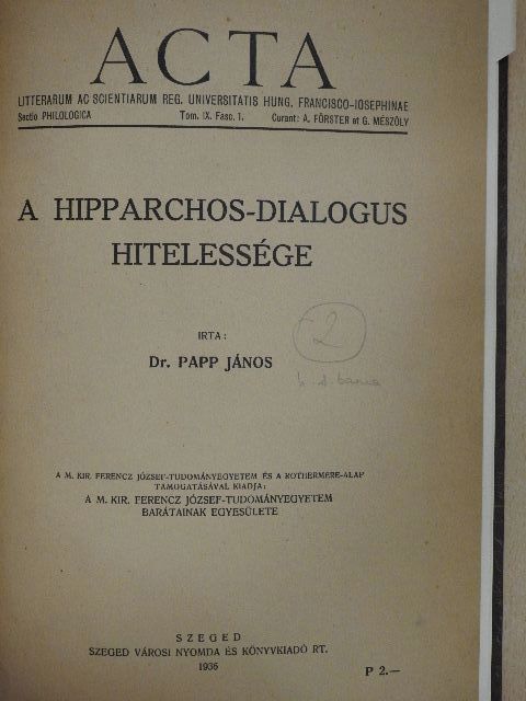 Dr. Papp János - A Hipparchos-dialogus hitelessége [antikvár]