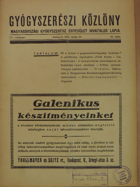 Török Árpád - Gyógyszerészi Közlöny 1939. május 20. [antikvár]