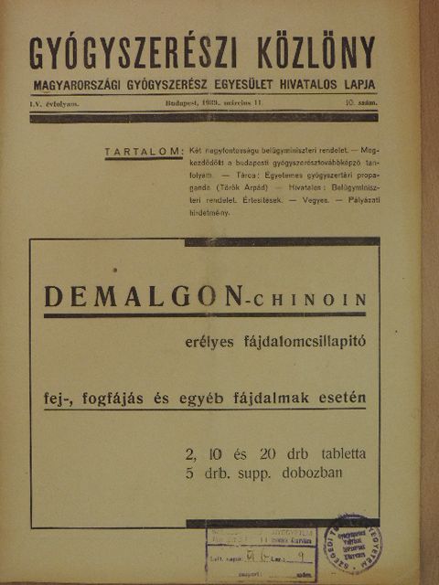 Török Árpád - Gyógyszerészi Közlöny 1939. március 11. [antikvár]