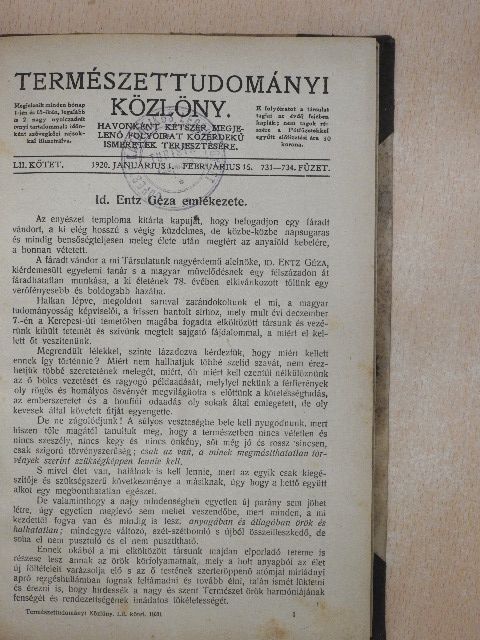 Aujeszky Aladár - Természettudományi Közlöny 1920. január-június [antikvár]