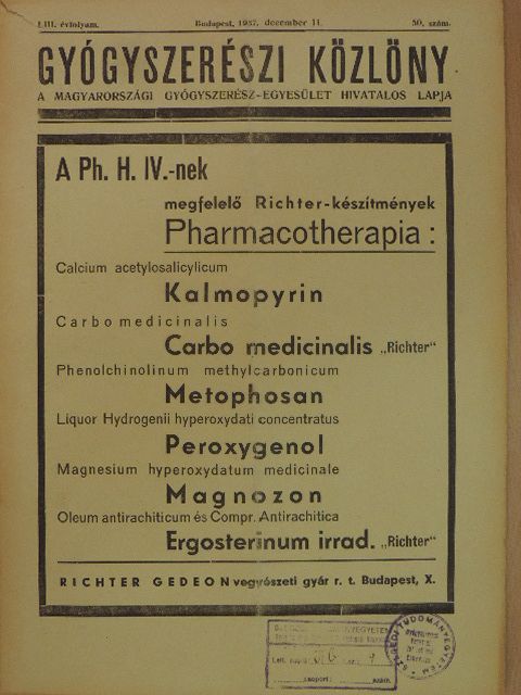 Török Árpád - Gyógyszerészi Közlöny 1937. december 11. [antikvár]