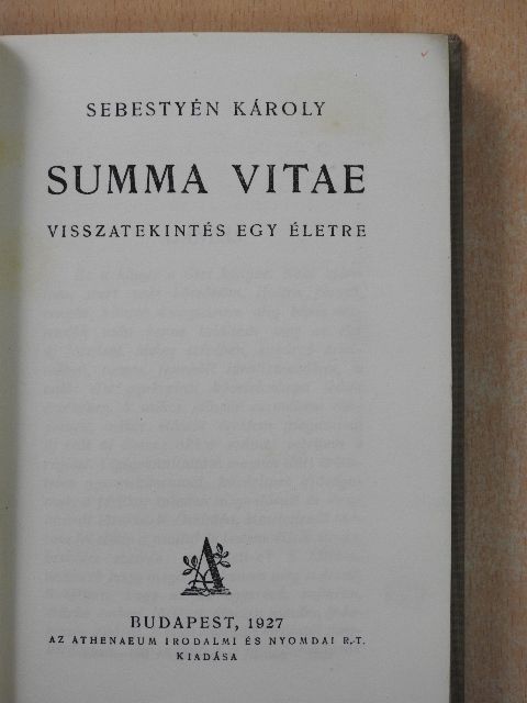 Sebestyén Károly - Summa vitae [antikvár]