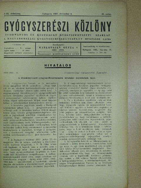 Török Árpád - Gyógyszerészi Közlöny 1937. december 4. [antikvár]