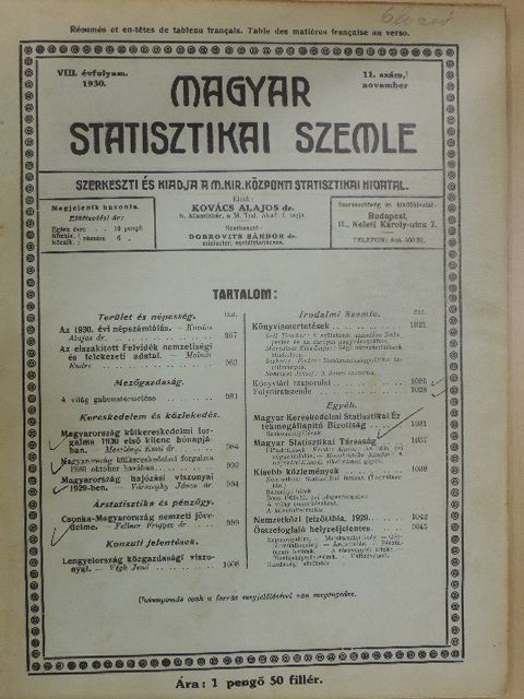 Dr. Fellner Frigyes - Magyar Statisztikai Szemle 1930. november [antikvár]