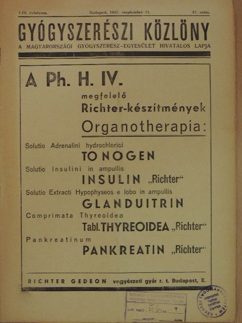 Török Árpád - Gyógyszerészi Közlöny 1937. szeptember 11. [antikvár]
