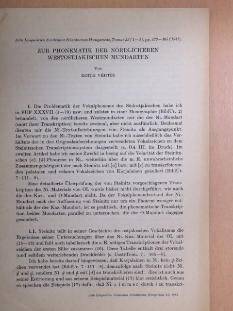 Edith Vértes - Zur Phonematik der Nördlicheren Westostjakischen Mundarten [antikvár]