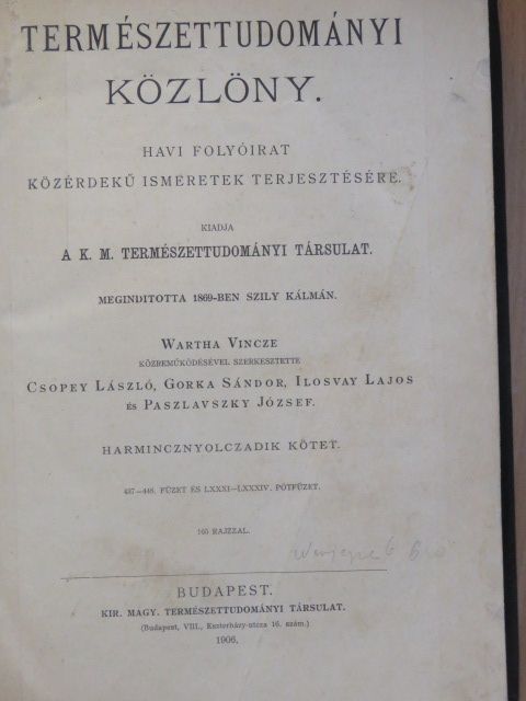 Természettudományi Közlöny 1906. január-december/Pótfüzetek a Természettudományi Közlönyhöz 1906. január-december [antikvár]