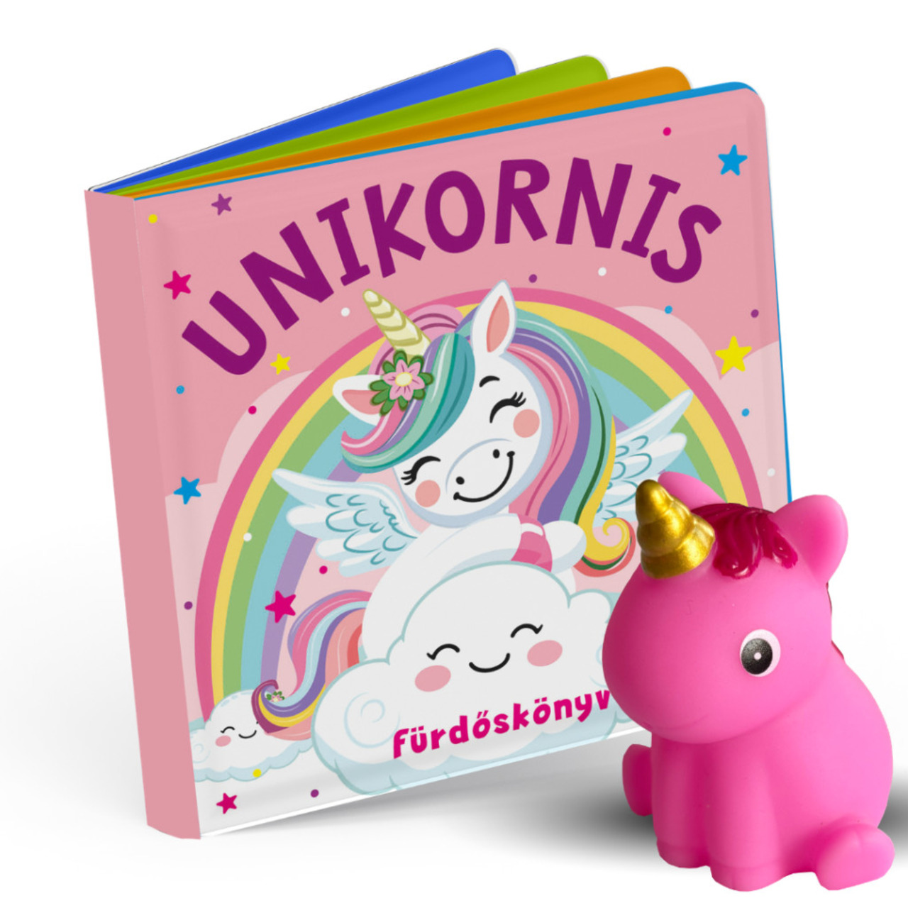 Unikornis fürdőskönyv játék figurával