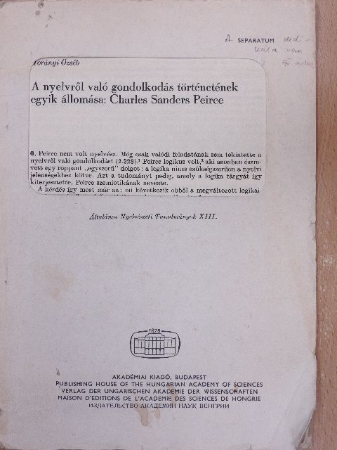 Horányi Özséb - A nyelvről való gondolkodás történetének egyik állomása: Charles Sanders Peirce [antikvár]