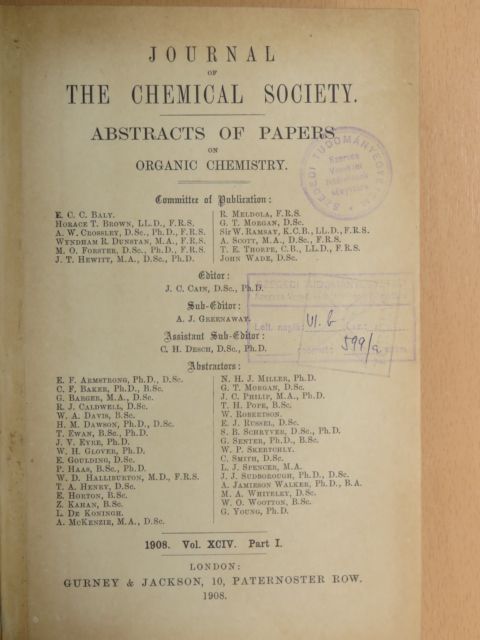 A. W. Crossley - Journal of the Chemical Society 1908/I. [antikvár]