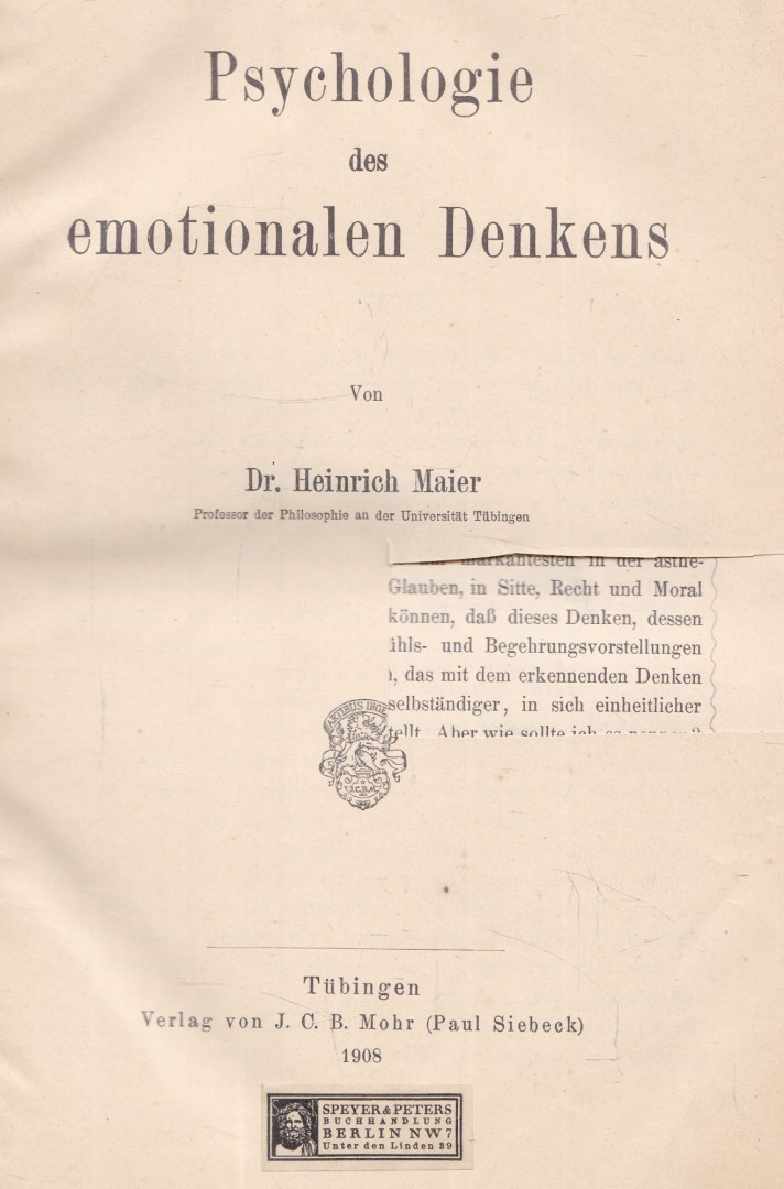 Heinrich Maier - Psychologie des emotionalen Denkens [antikvár]
