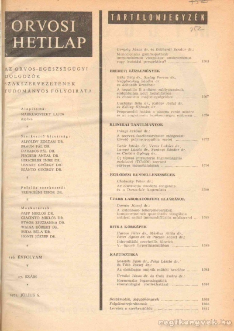 TRENCSÉNI TIBOR - Orvosi Hetilap 1975/116. évfolyam I-II. [antikvár]
