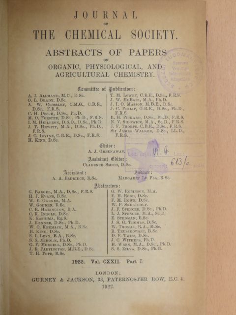 G. Barger - Journal of the chemical society 1922/I. [antikvár]