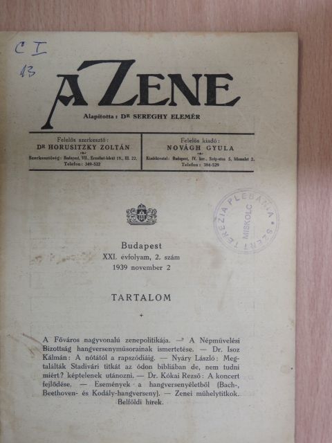 Dr. Isoz Kálmán - A Zene 1939. november 2. [antikvár]