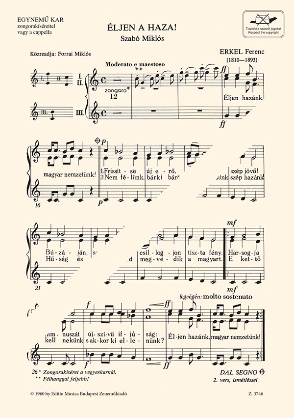 ERKEL FERENC-LISZT FERENC - ÉLJEN A HAZA! EGYNEMŰKAR,ZONGORA,VAGY A CAPELLA -HAJNALOZÓ GYERM.NŐIKAR