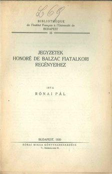Rónai Pál - Jegyzetek Honoré de Balzac fiatalkori regényeihez [antikvár]