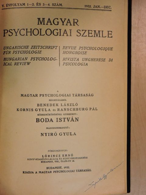 Fenyvesi Andor - Magyar Psychologiai Szemle 1932. január-december [antikvár]
