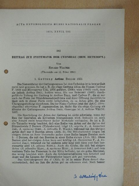 Eduard Wagner - Beitrag zur Systematik der Cydnidae (Hem. Heteropt.) [antikvár]