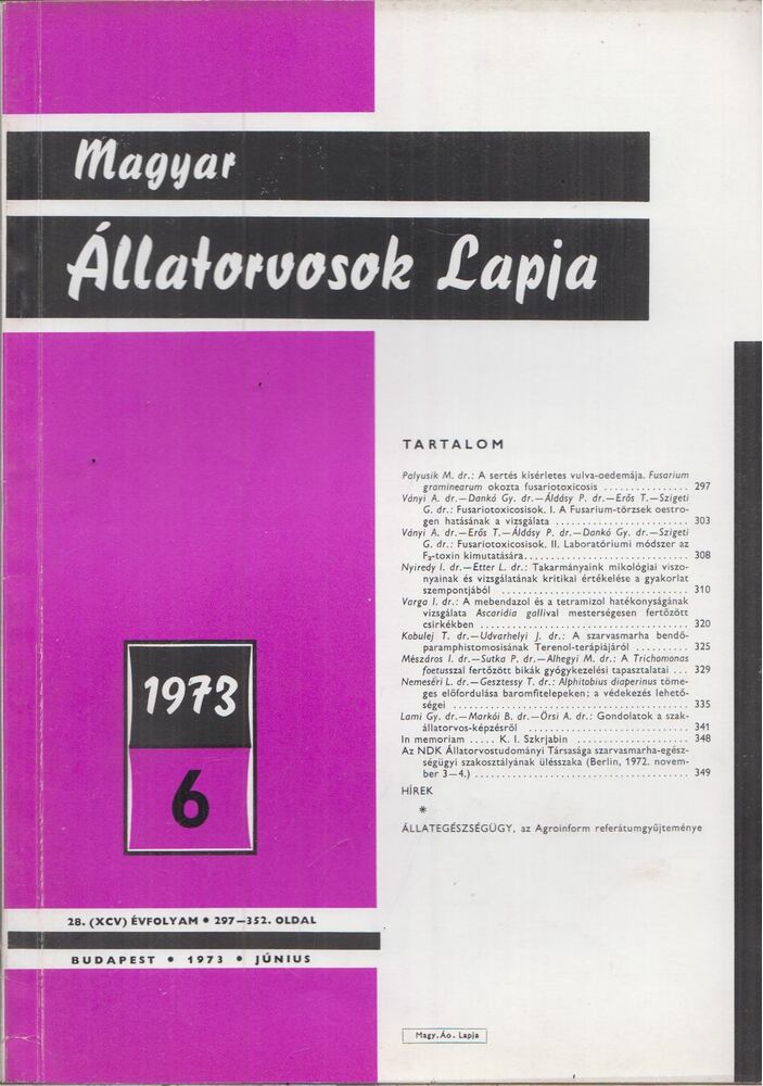 Holló Ferenc - Magyar Állatorvosok Lapja 1973. Június [antikvár]
