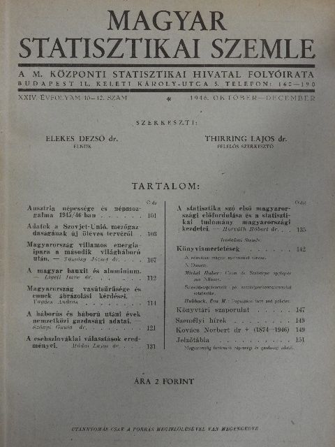 Czintula László - Magyar Statisztikai Szemle 1946. október-december [antikvár]