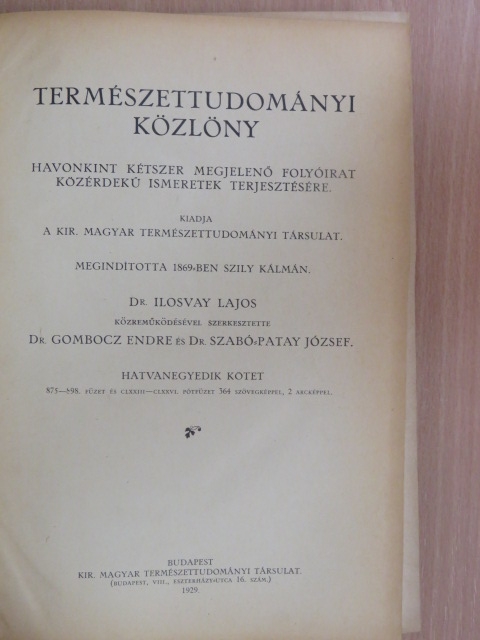 b. - Természettudományi Közlöny 1929. január-december/Pótfüzetek a Természettudományi Közlönyhöz 1929. január-december [antikvár]