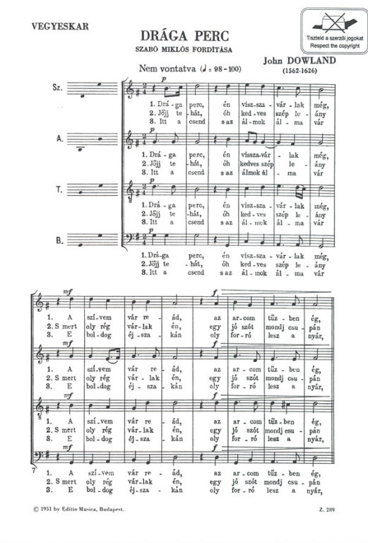 DOWLAND, JOHN - DRÁGA PERC - VEGYESKARRA - SZABÓ MIKLÓS FORDÍTÁSA
