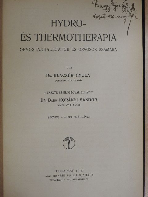 Dr. Benczúr Gyula - Hydro- és thermotherapia [antikvár]