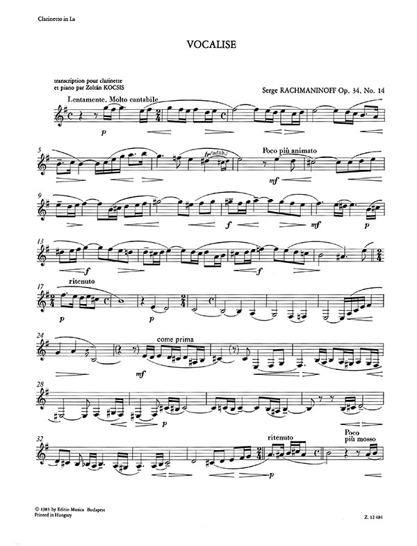 RACHMANINOFF - VOCALISE TRANSCRIPTION POUR CLARINETTE ET PIANO PAR KOCSIS ZOLTÁN