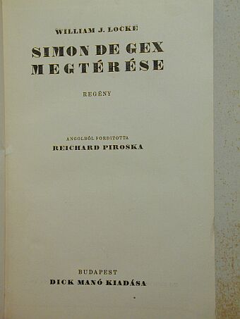 William J. Locke - Simon de Gex megtérése [antikvár]