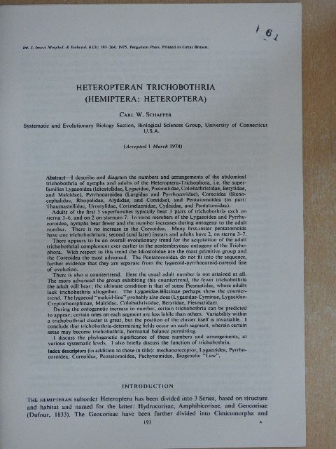 Carl W. Schaefer - Heteropteran Trichobothria [antikvár]