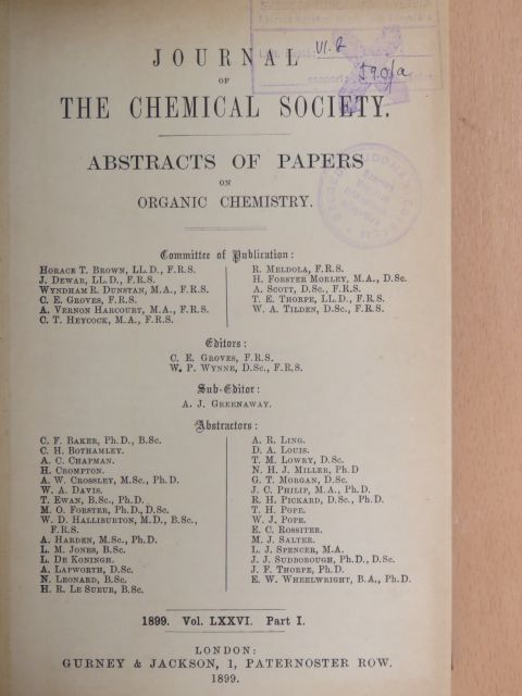 A. C. Chapman - Journal of the Chemical Society 1899/I. [antikvár]