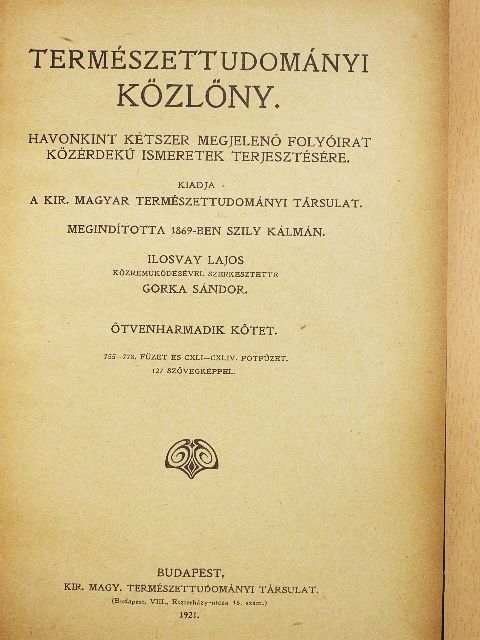 Andriska V. - Természettudományi Közlöny 1921. január-december/Pótfüzetek a Természettudományi Közlönyhöz 1921. január-december [antikvár]